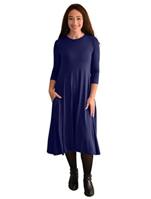 Kosher Casual Women's Modest Casual 3-4 Sleeve Mid-Calf Swing T Shirt Dress with Pockets