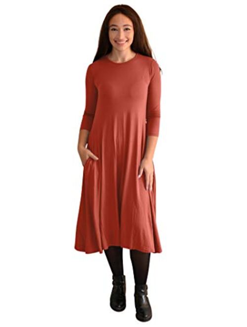 Kosher Casual Women's Modest Casual 3-4 Sleeve Mid-Calf Swing T Shirt Dress with Pockets