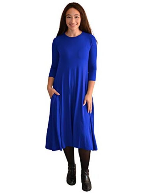 Kosher Casual Women's Modest Casual 3-4 Sleeve Mid-Calf Swing T Shirt Dress with Pockets