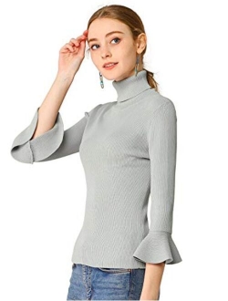 Women's Ruffle Long Sleeves Turtleneck Sweater Pullover Stretchy Knit Slim Fit Sweatshirt