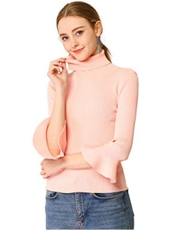 Women's Ruffle Long Sleeves Turtleneck Sweater Pullover Stretchy Knit Slim Fit Sweatshirt