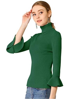 Women's Ruffle Long Sleeves Turtleneck Sweater Pullover Stretchy Knit Slim Fit Sweatshirt