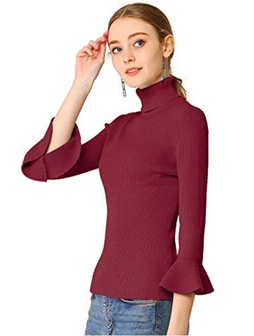 Allegra K Women's Ruffle Long Sleeves Turtleneck Sweater Pullover Stretchy Knit Slim Fit Sweatshirt