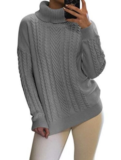 Sovoyontee Women 100% Cotton Cable Knit Turtleneck Pullover Sweater