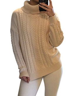 Sovoyontee Women 100% Cotton Cable Knit Turtleneck Pullover Sweater