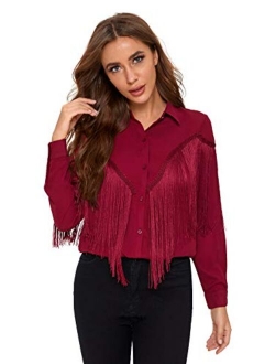 Women's Fringe Trim Long Sleeve Button Up Blouse Shirt Top