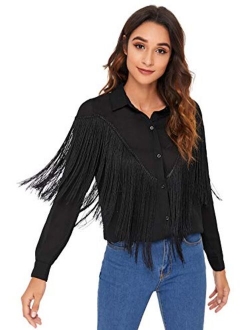 Women's Fringe Trim Long Sleeve Button Up Blouse Shirt Top