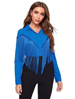 Women's Fringe Trim Long Sleeve Button Up Blouse Shirt Top