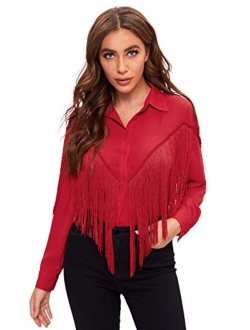 Women's Fringe Trim Long Sleeve Button Up Blouse Shirt Top