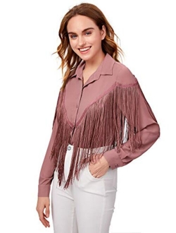 Women's Fringe Trim Long Sleeve Button Up Blouse Shirt Top