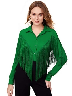 Women's Fringe Trim Long Sleeve Button Up Blouse Shirt Top