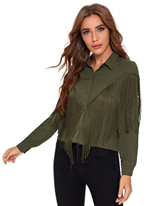 Verdusa Women's Fringe Trim Long Sleeve Button Up Blouse Shirt Top