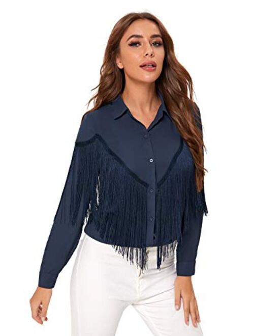 Verdusa Women's Fringe Trim Long Sleeve Button Up Blouse Shirt Top