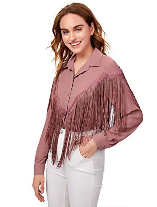 Verdusa Women's Fringe Trim Long Sleeve Button Up Blouse Shirt Top