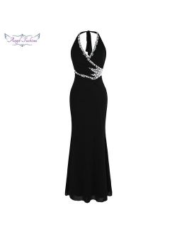 Angel-fashions Halter Beading Black Evening Dresses Long Formal Party Gown 474 484