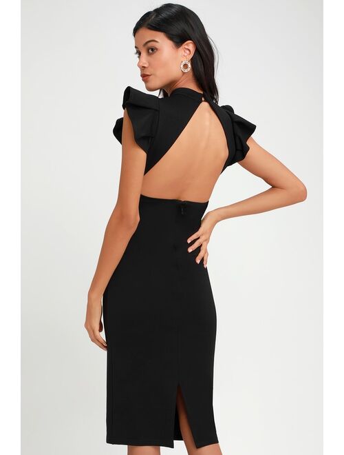 Lulus Stylish Splendor Black Backless Ruffle Bodycon Midi Dress