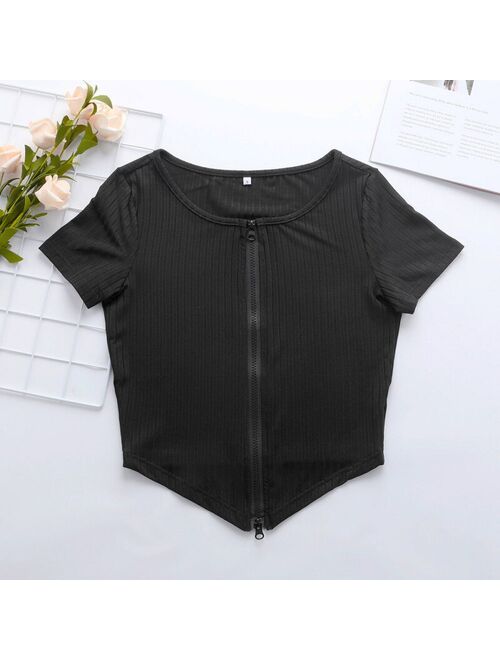 Women Summer Zipper Up T-Shirt Short Sleeve Skinny Crop Tops Sexy Open Stitch Knitted Tee Solid Color Slim T Shirts Hot