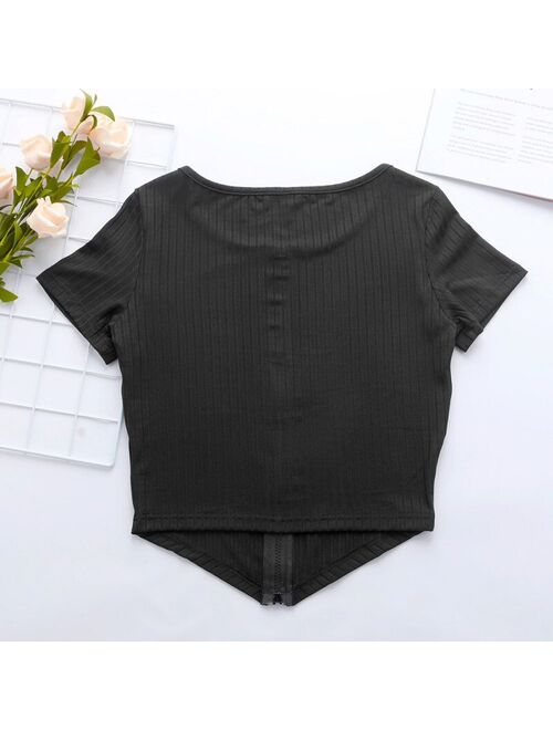 Women Summer Zipper Up T-Shirt Short Sleeve Skinny Crop Tops Sexy Open Stitch Knitted Tee Solid Color Slim T Shirts Hot