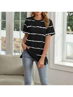 Summer T-Shirt Top For Women Wave Stripe Printed Top New Round Neck Split Fashion Casual Slim Female Short Sleeves