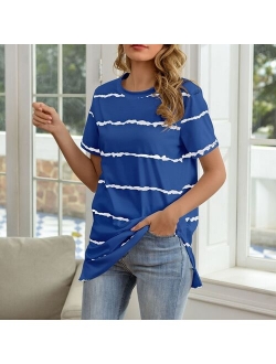 Summer T-Shirt Top For Women Wave Stripe Printed Top New Round Neck Split Fashion Casual Slim Female Short Sleeves