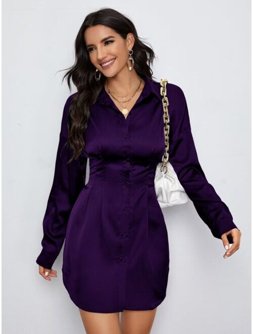 Shein Drop Shoulder Ruched Waist Satin Shirt Dress