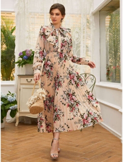 Tie Neck Allover Floral A-line Dress