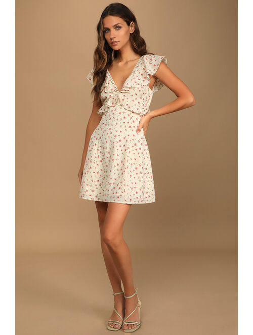 Lulus Made Sweetly Ivory Floral Print Ruffled Mini Dress