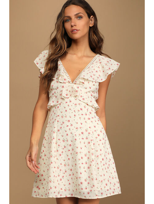 Lulus Made Sweetly Ivory Floral Print Ruffled Mini Dress