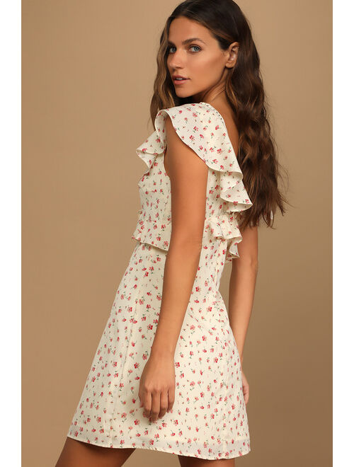 Lulus Made Sweetly Ivory Floral Print Ruffled Mini Dress