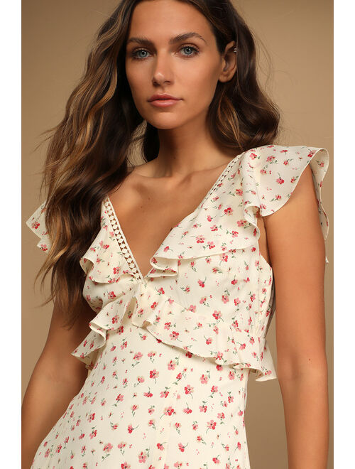 Lulus Made Sweetly Ivory Floral Print Ruffled Mini Dress