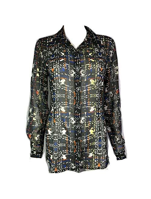 cabi Womens Festival Button Blouse Gray Multicolor Geometric Print Sheer #129