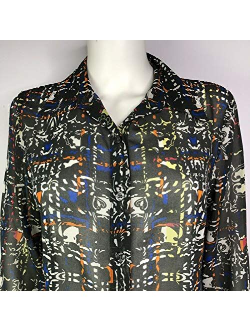 cabi Womens Festival Button Blouse Gray Multicolor Geometric Print Sheer #129