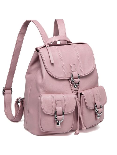 VASCHY Fashion Backpack Purse for Women Chic Drawstring School Bags with Two Front Pockets Soft Leather Backpack for College