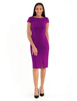 Women's Cap Sleeve Stretch Crepe Slit Sheath Dress