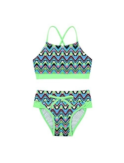 zdhoor Kids Girls Bohemian Floral Printed 2 Piece Swimsuit Bikini Set Criss Cross Crop Top Thong Underwear