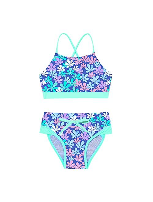 zdhoor Kids Girls Bohemian Floral Printed 2 Piece Swimsuit Bikini Set Criss Cross Crop Top Thong Underwear