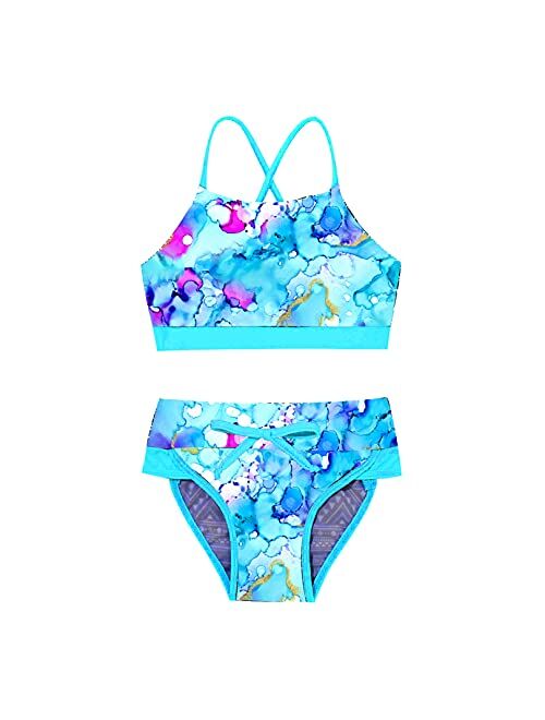 zdhoor Kids Girls Bohemian Floral Printed 2 Piece Swimsuit Bikini Set Criss Cross Crop Top Thong Underwear