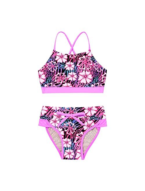 zdhoor Kids Girls Bohemian Floral Printed 2 Piece Swimsuit Bikini Set Criss Cross Crop Top Thong Underwear