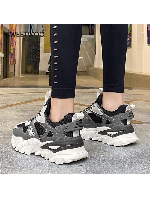 SWEETWOO 2021 Sneakers New Ladies Casual Shoes Breathable Ladies Sneakers Lace Patchwork Roman Shoes