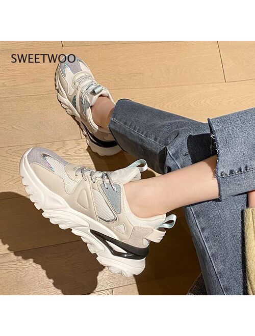 SWEETWOO 2021 Sneakers New Ladies Casual Shoes Breathable Ladies Sneakers Lace Patchwork Roman Shoes