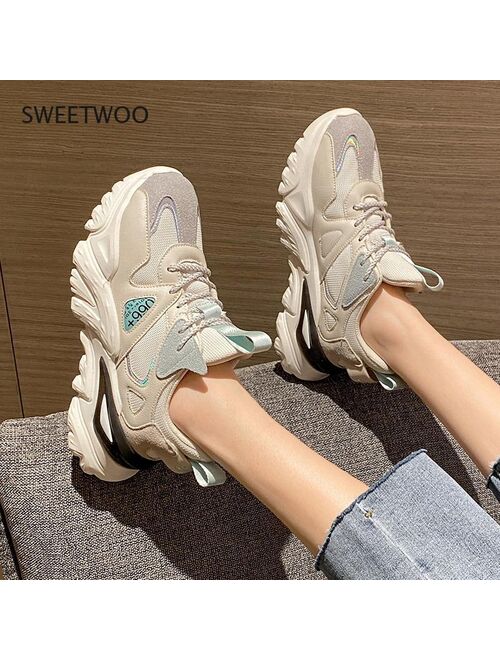 SWEETWOO 2021 Sneakers New Ladies Casual Shoes Breathable Ladies Sneakers Lace Patchwork Roman Shoes