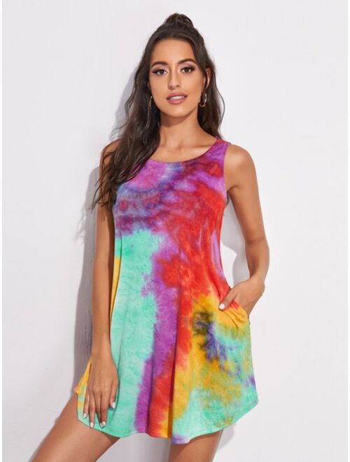 Shein Slant Pocket Curved Hem Tie Dye Dress