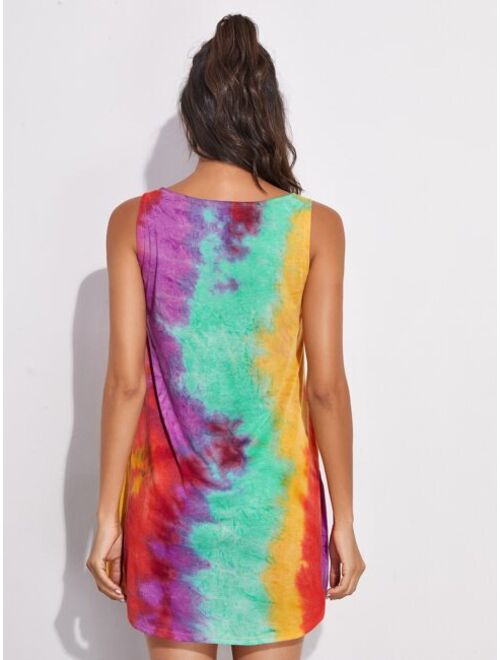 Shein Slant Pocket Curved Hem Tie Dye Dress