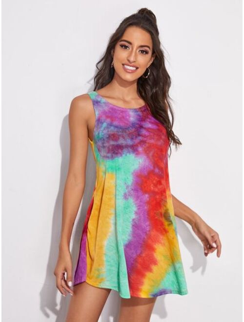 Shein Slant Pocket Curved Hem Tie Dye Dress