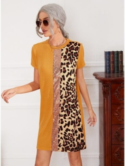 Contrast Sequin and Leopard Panel Tee Dress