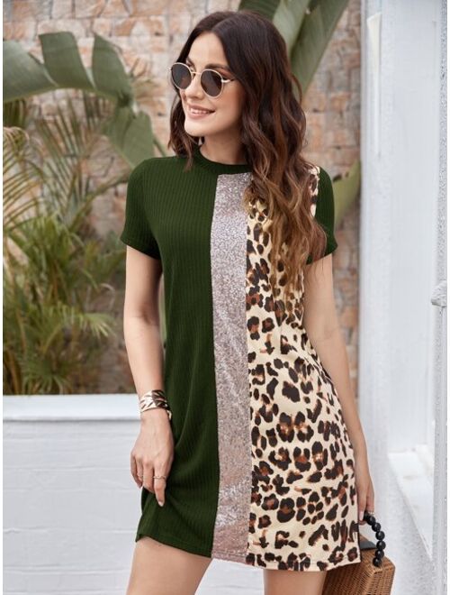 Shein Contrast Sequin and Leopard Panel Tee Dress