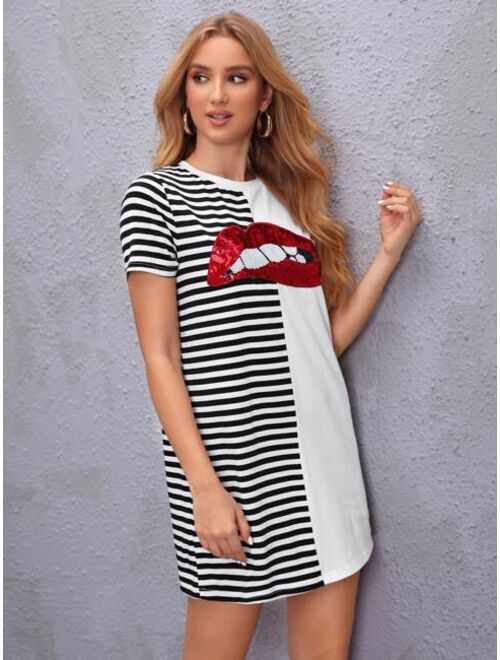 Shein Sequin Lip Stripe Print Tee Dress