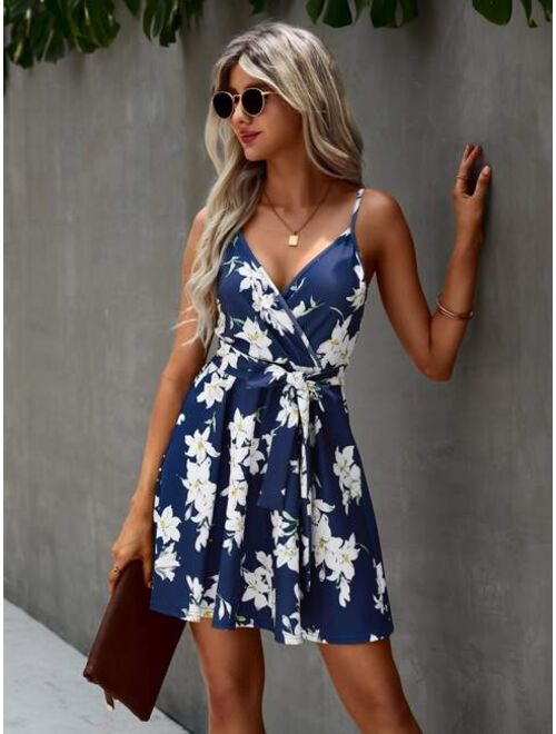 Shein Floral Print Surplice Front Belted Cami Dress