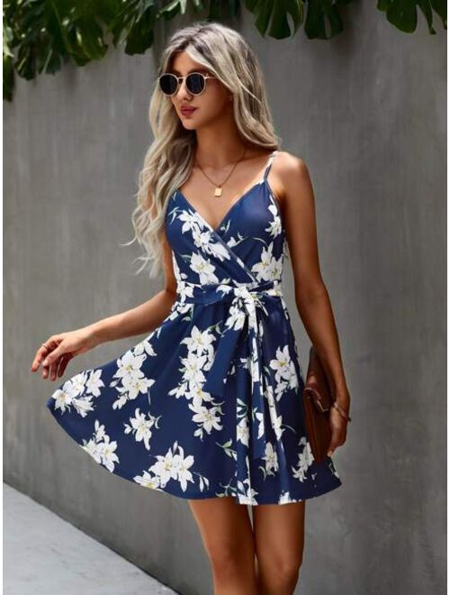 Shein Floral Print Surplice Front Belted Cami Dress