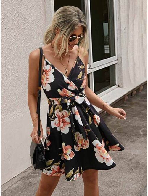 Shein Floral Print Surplice Front Belted Cami Dress